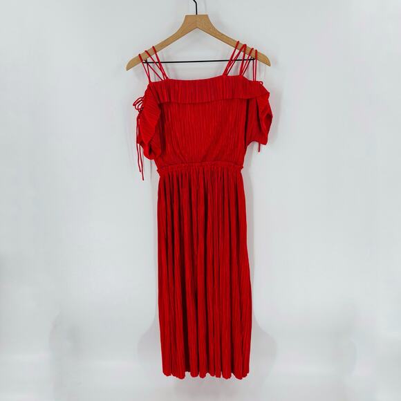 Express Red Pleated Cold Shoulder Midi Dress Ruffle Trim Spaghetti Strap Size XS - Picture 2 of 5